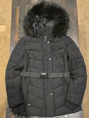 London Fog Black Quilted Hooded Puffer Coat with Faux Fur Trim
